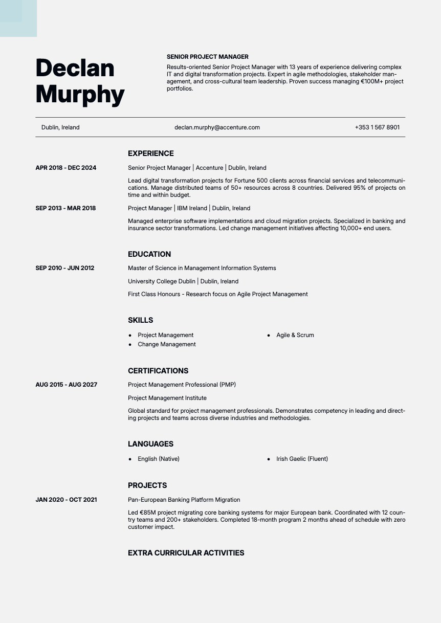 Marble - Resume and CV template preview, professional ATS-friendly design