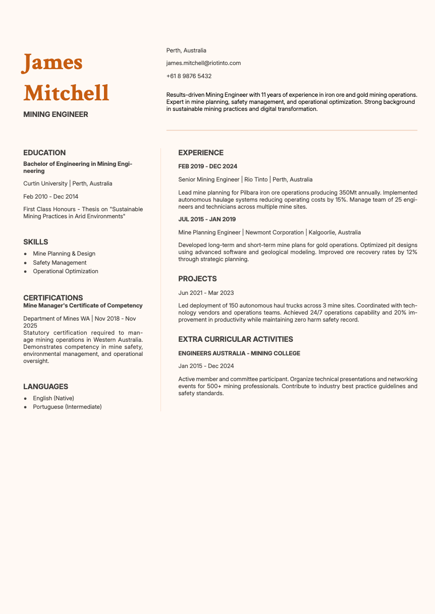 Obsidian - Resume and CV template preview, professional ATS-friendly design