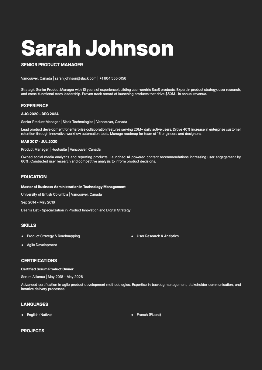 Platinum - Resume and CV template preview, professional ATS-friendly design