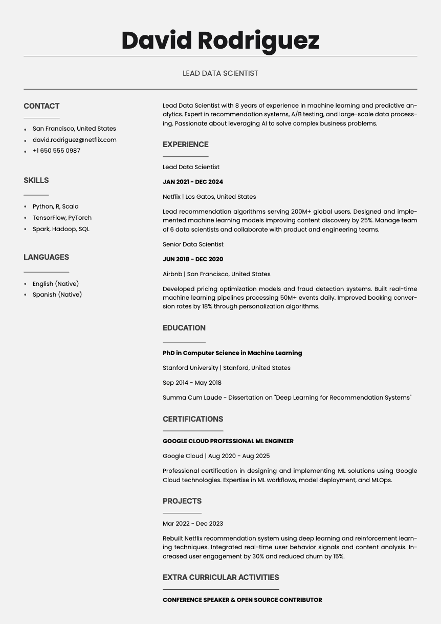 Quartz - Resume and CV template preview, professional ATS-friendly design
