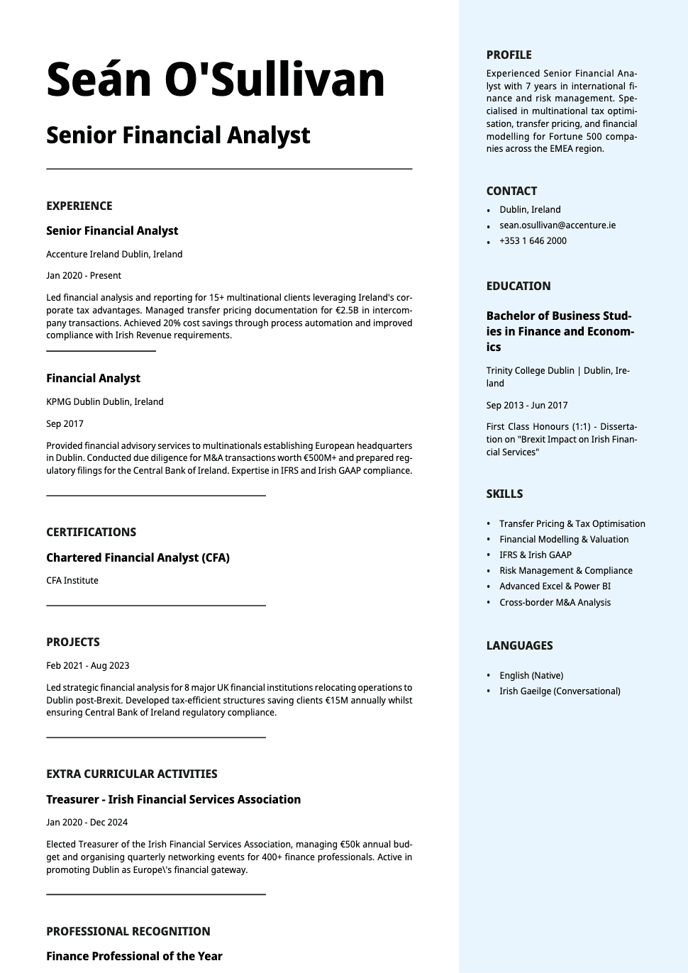 Vanta - Resume and CV template preview, professional ATS-friendly design