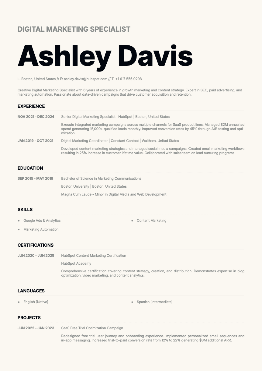 Zinc - Resume and CV template preview, professional ATS-friendly design