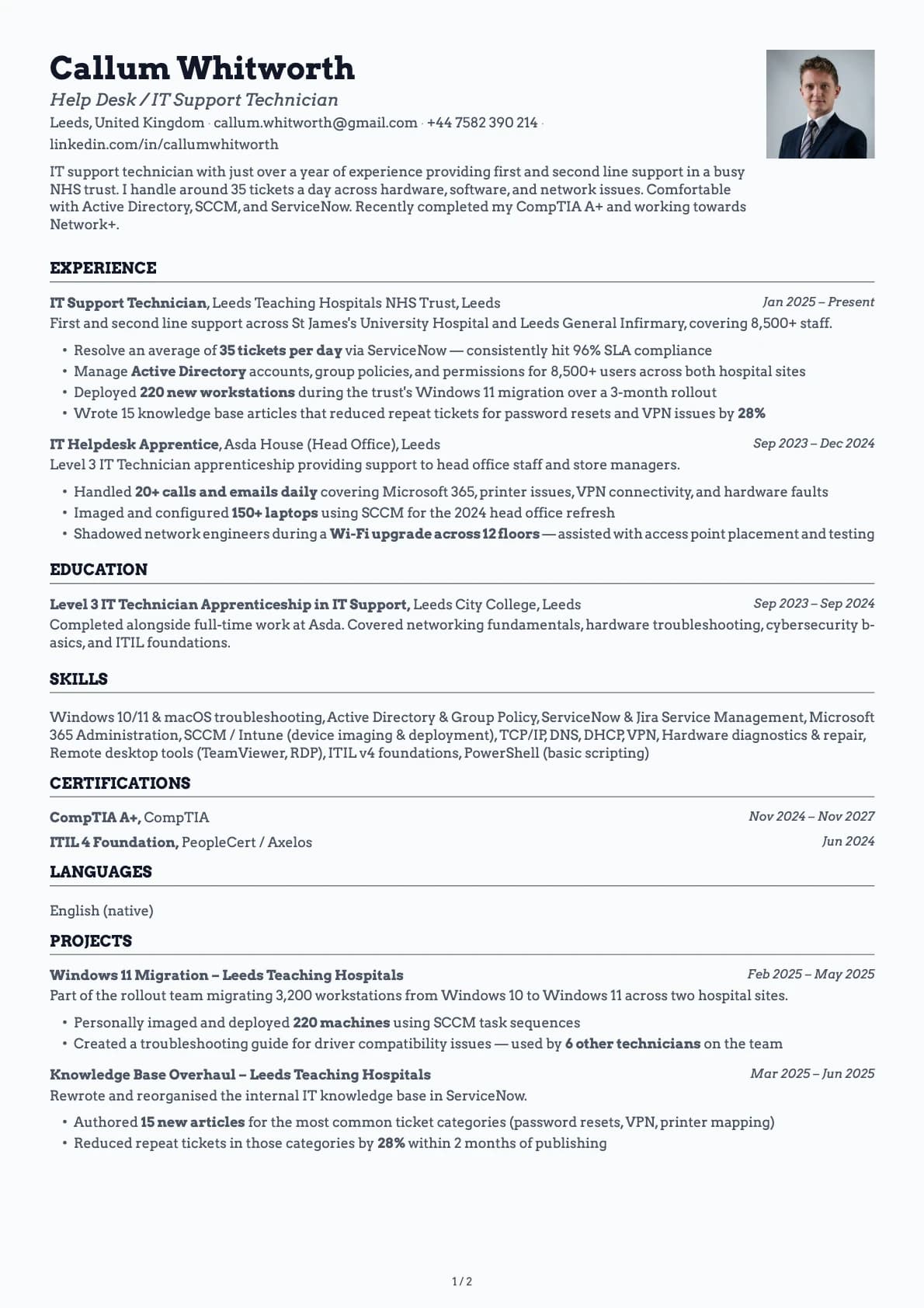 Help Desk / IT Support Technician resume example