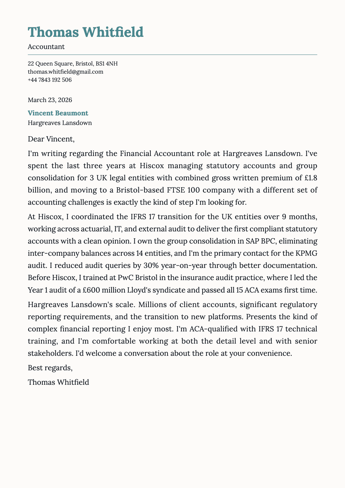 Accountant cover letter example