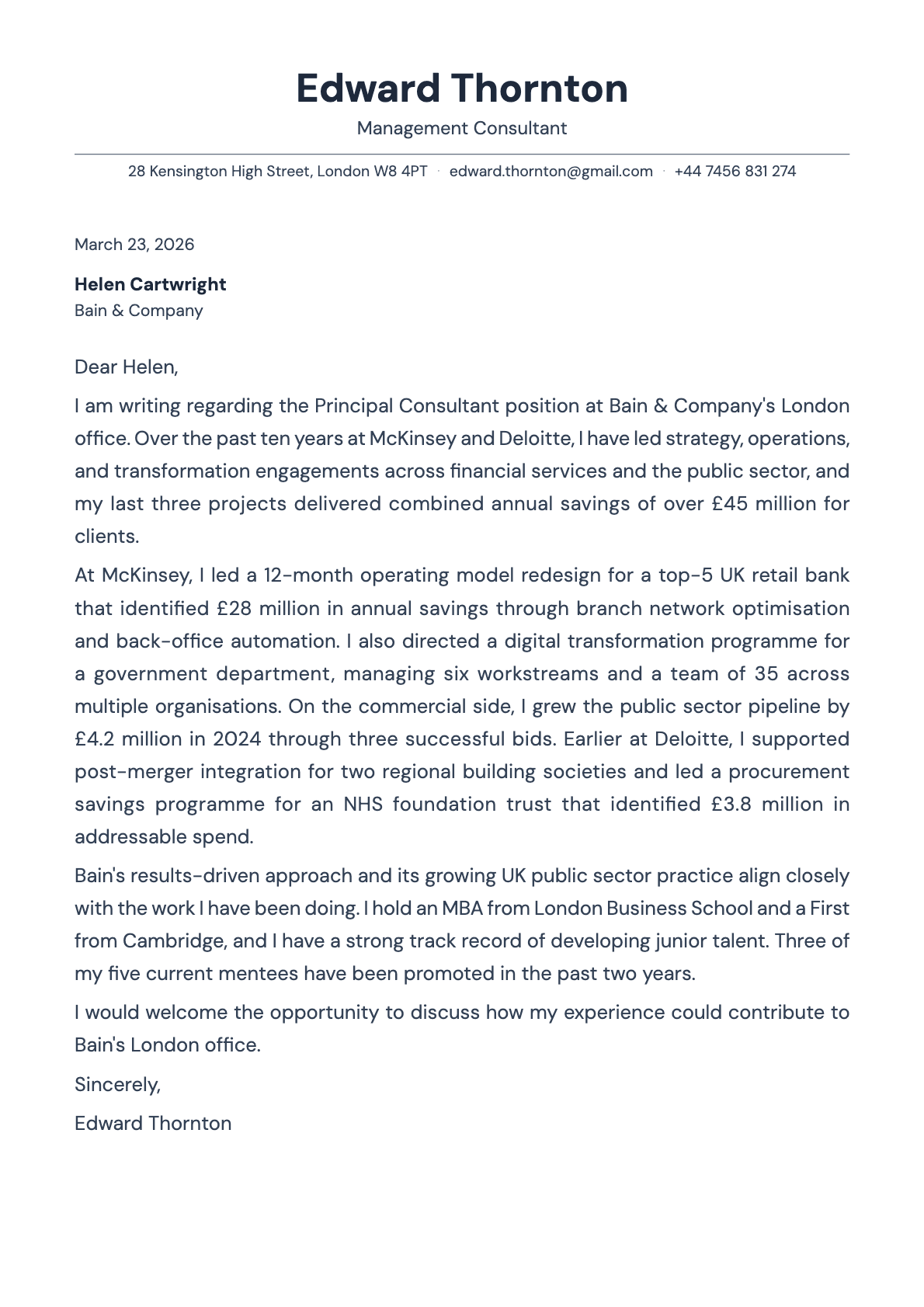 Management Consultant cover letter example