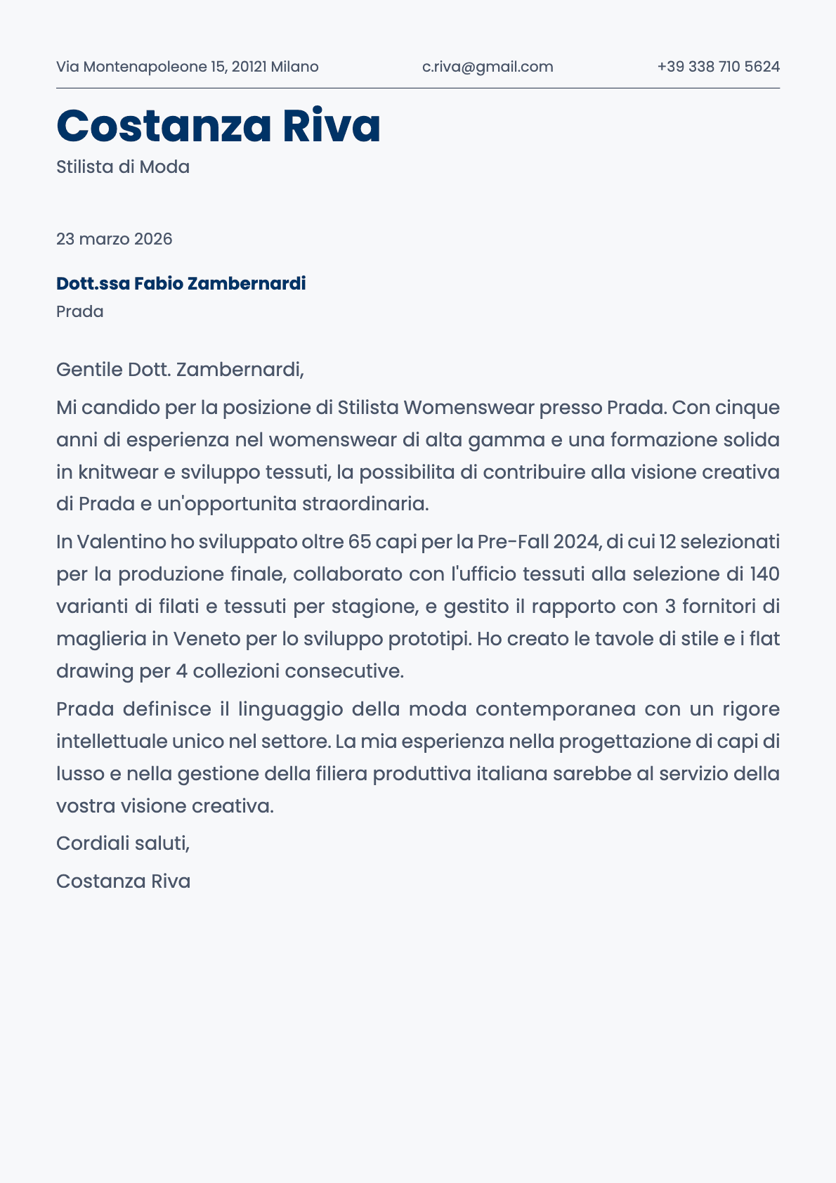Stilista di Moda cover letter example