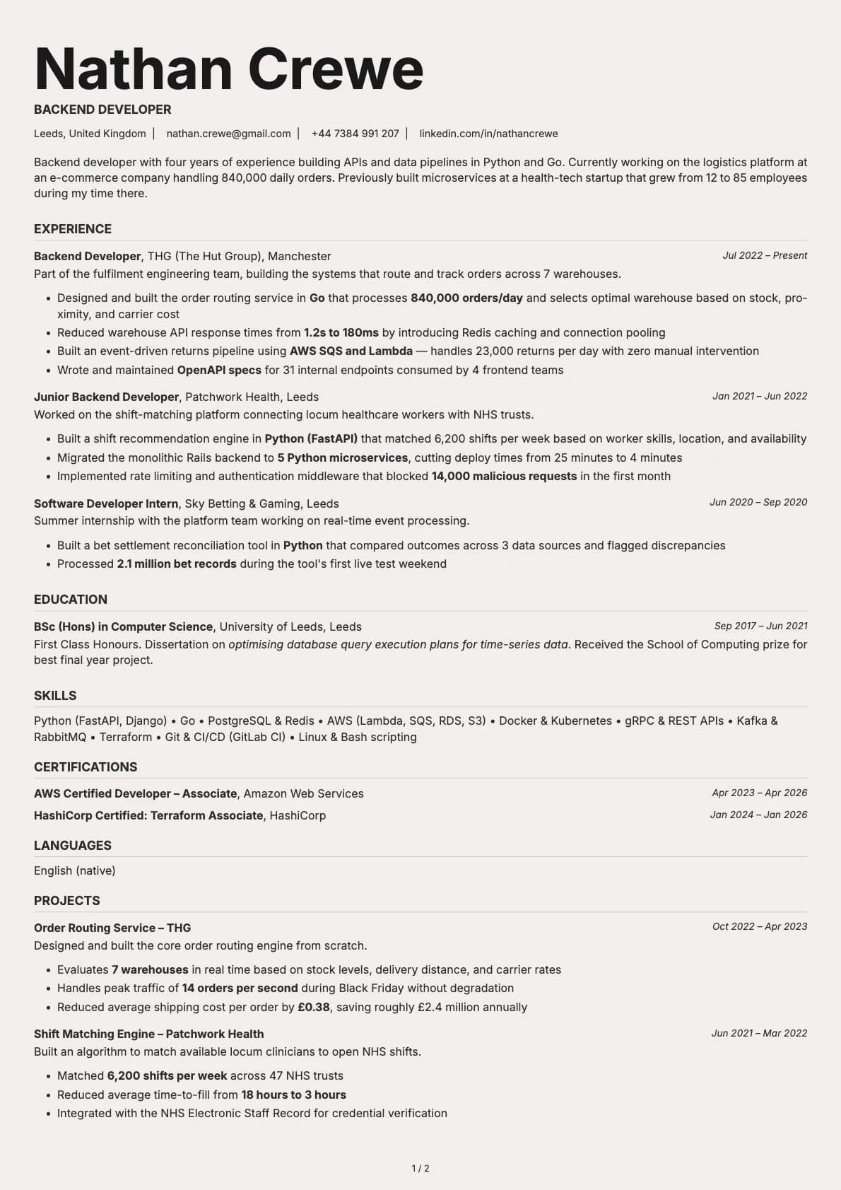 Backend Developer resume example