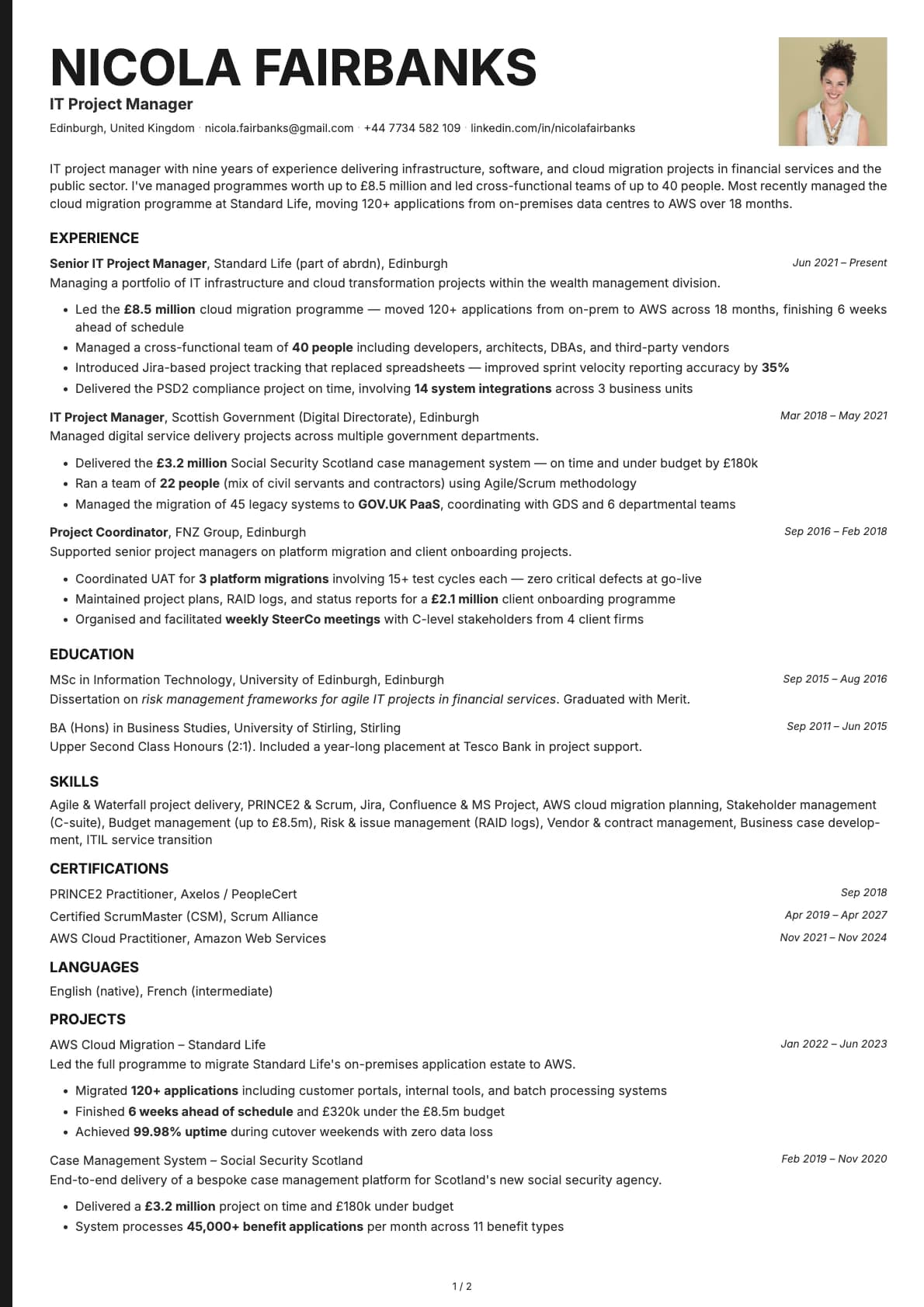 IT Project Manager resume example