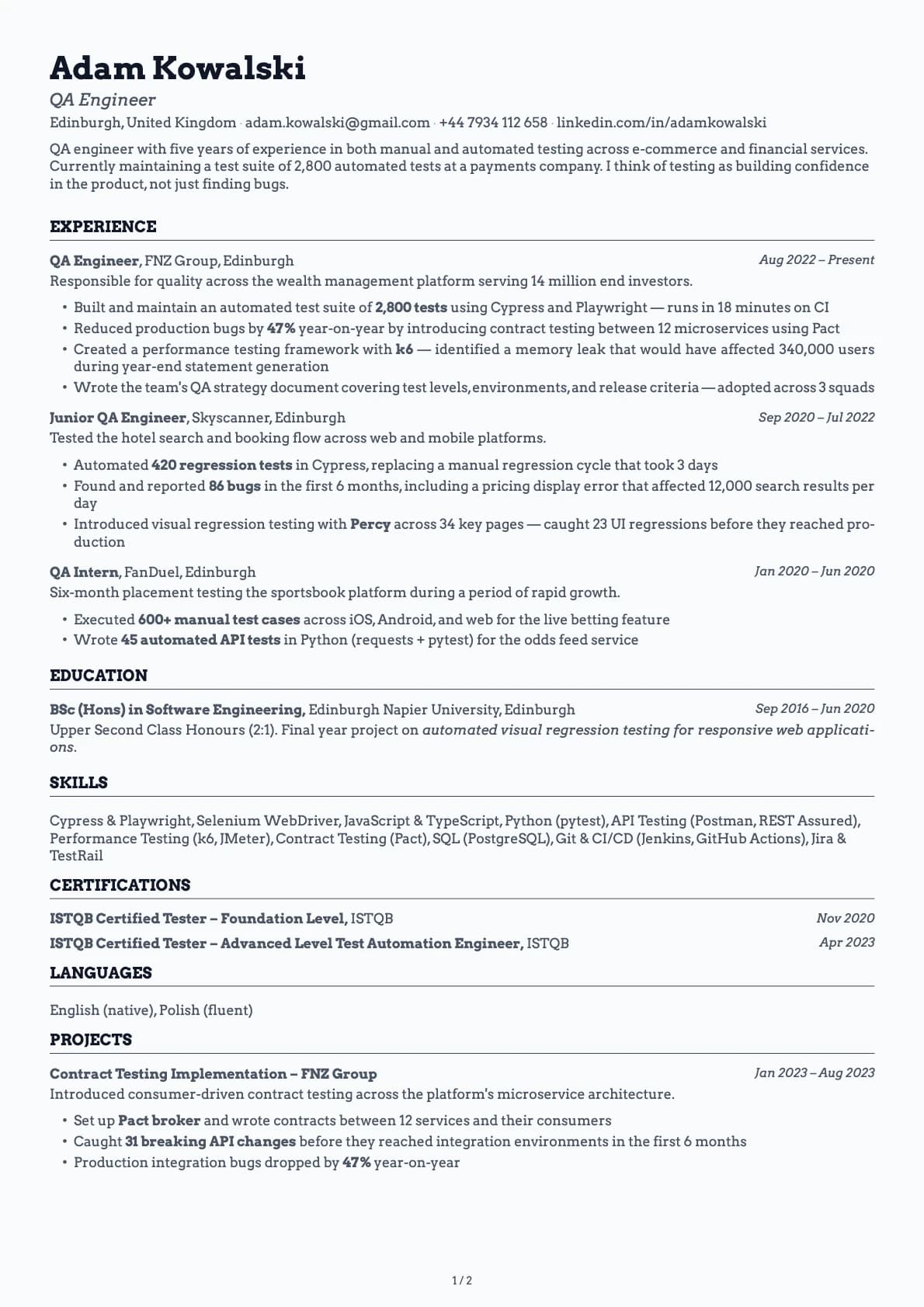 QA Engineer resume example